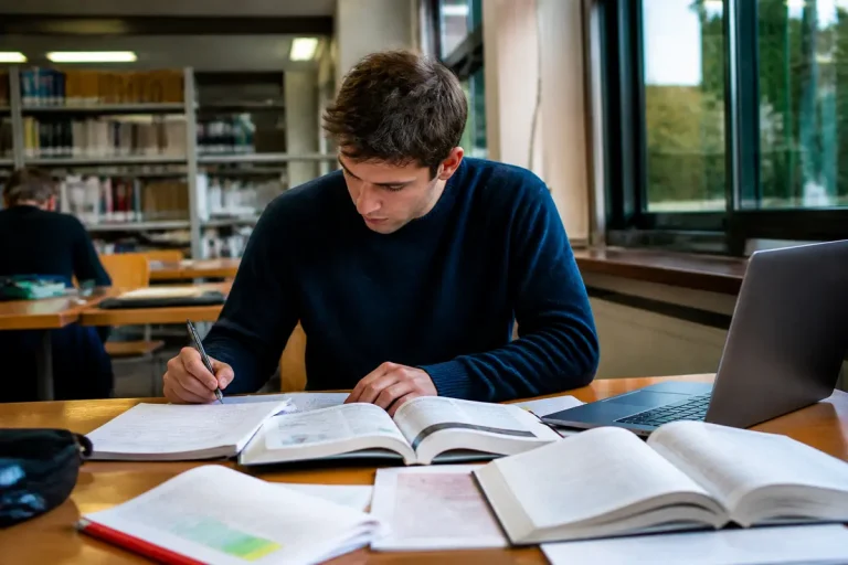Étudiant en bibliothèque révisant pour augmenter le taux de réussite de la passerelle médecine