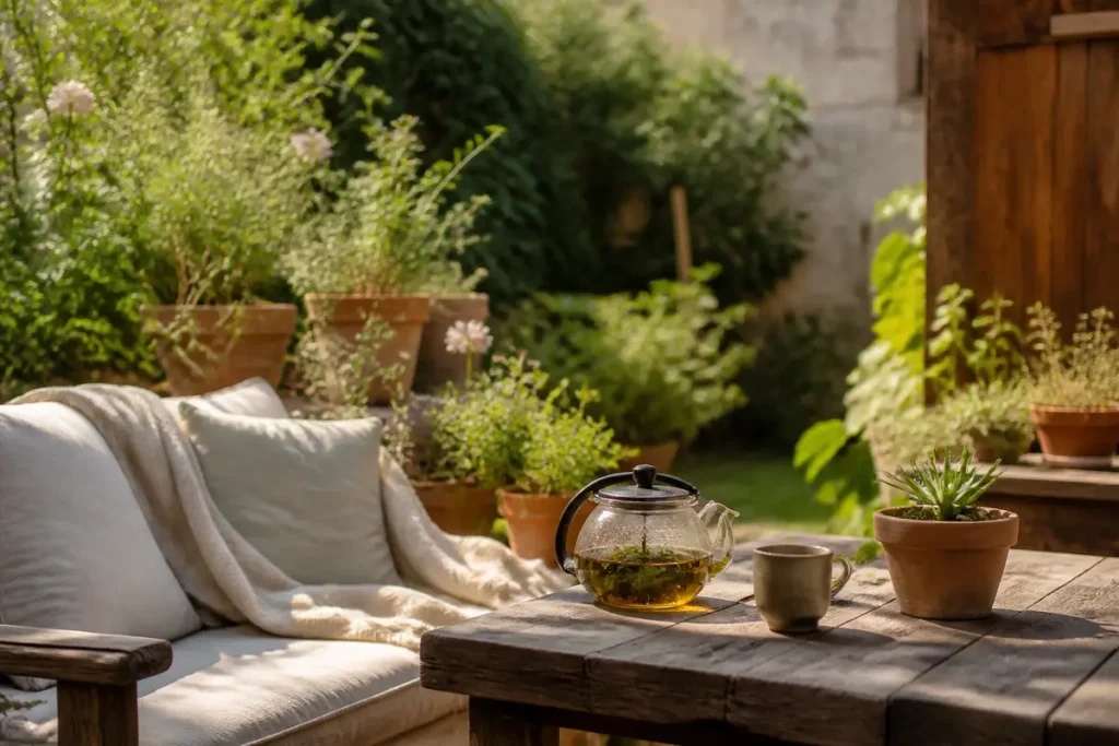 Théière et canapé confortable dans un jardin pour le bien-être avec slowinfusion.fr
