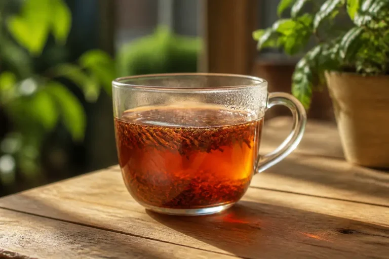 Tasse de thé en pleine infusion lente sur slowinfusion.fr avec lumière naturelle chaleureuse