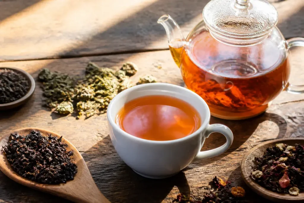 Tasse de thé avec infusion et feuilles séchées, évoquant l'intuition sur slowinfusion.fr