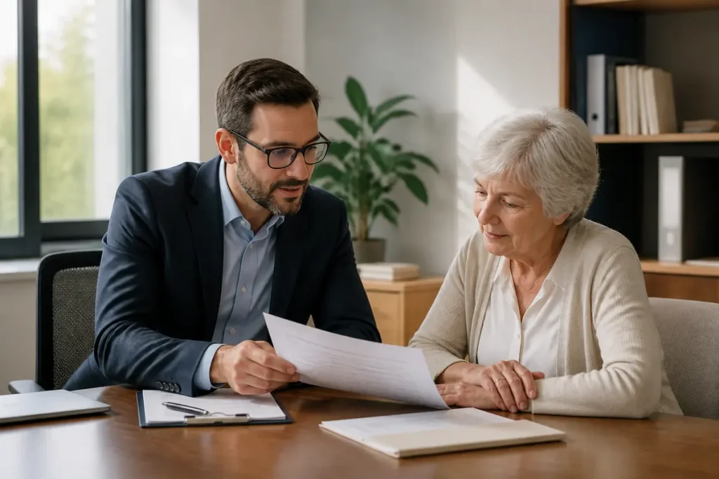 Un conseiller explique des documents à une femme âgée lors d'un accompagnement senior.