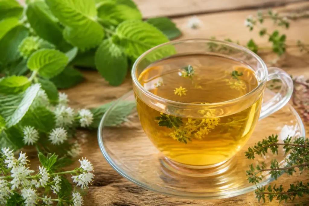 Tisane aux herbes et feuilles naturelles sur slowinfusion.fr avec tasse en verre et fleurs