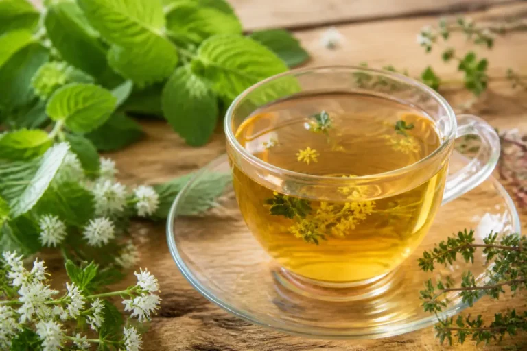 Tisane aux herbes et feuilles naturelles sur slowinfusion.fr avec tasse en verre et fleurs