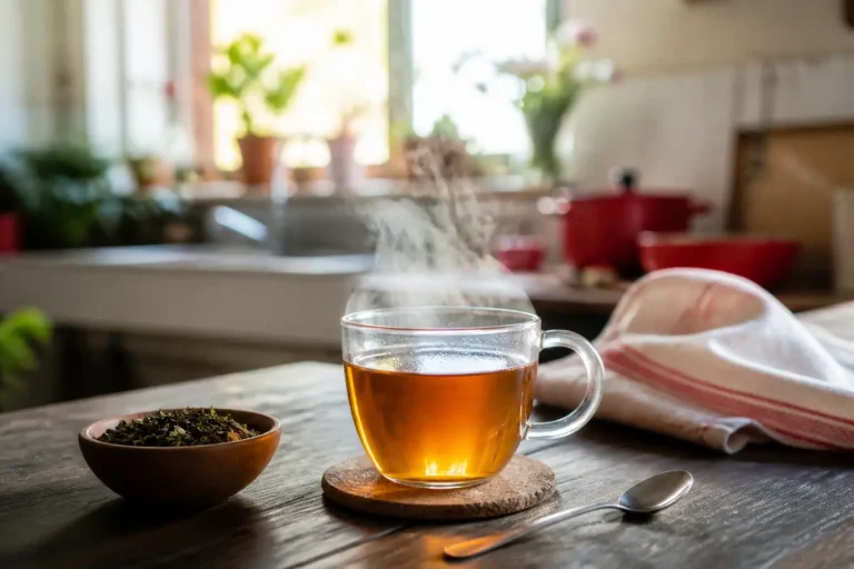 Tasse de thé fumant près d'un bol de feuilles sur slowinfusion.fr en pleine conscience