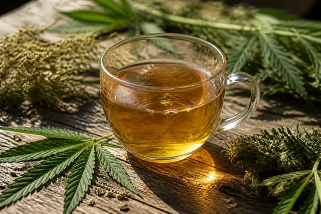 Tisane de plantes avec feuilles et fleurs de cannabis pour soulager les douleurs sur Slowinfusion.fr