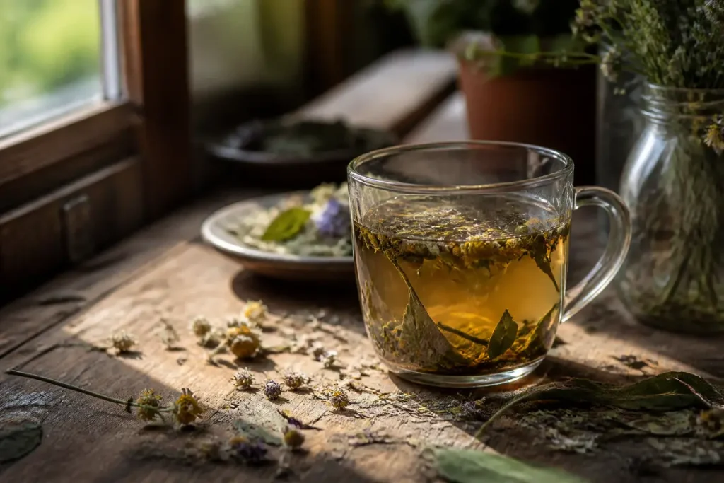 Infusion aux herbes sur une table en bois évoquant l'équilibre par slowinfusion.fr