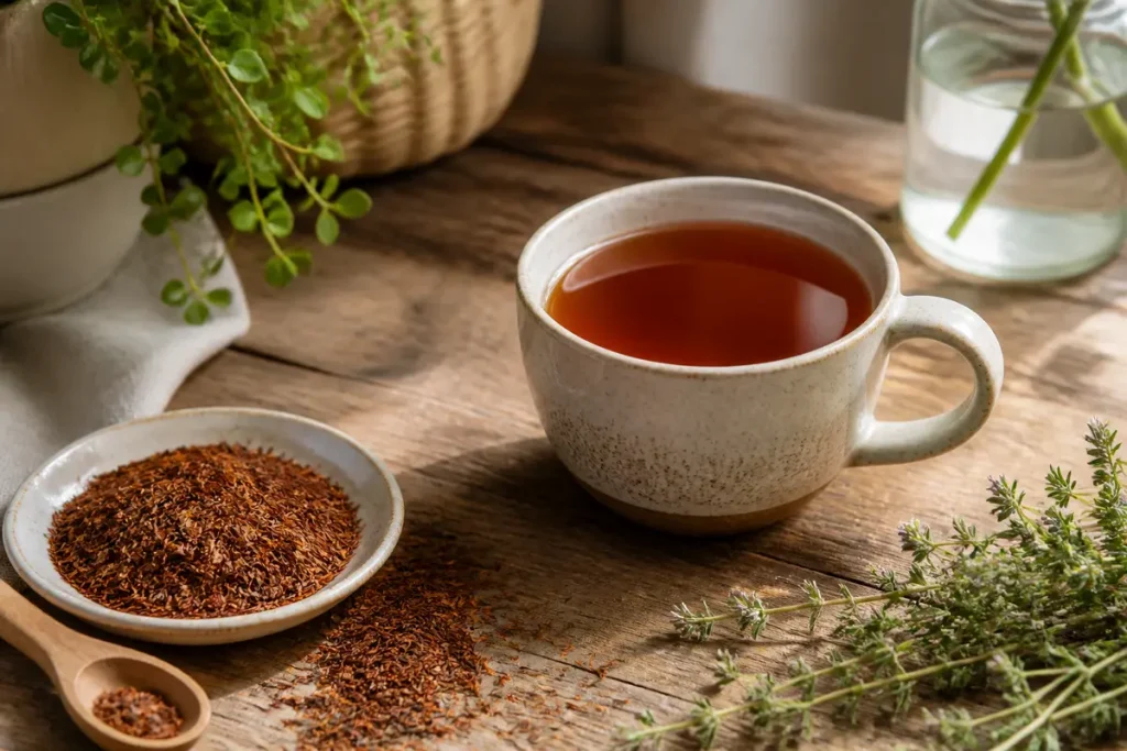 Tasse de tisane avec plantes de slowinfusion.fr aux saveurs naturelles sur table en bois
