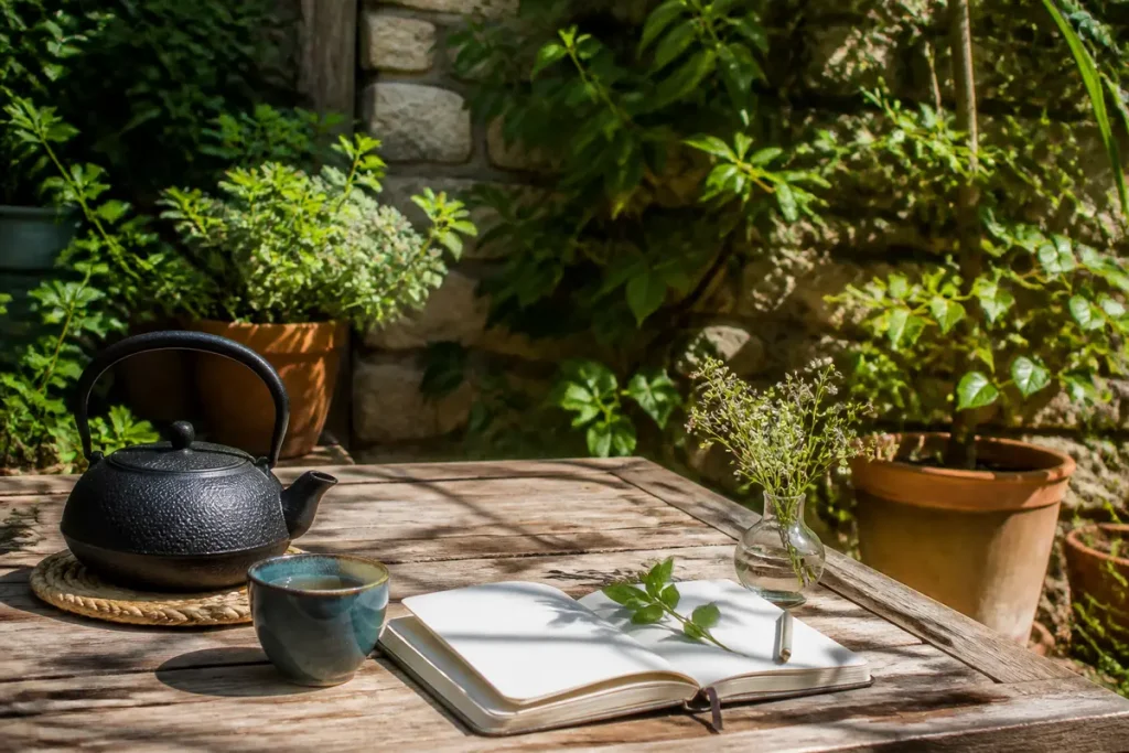 Théière noire et cahier sur une table de jardin évoquant la sagesse de slowinfusion.fr