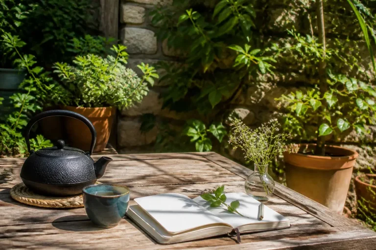 Théière noire et cahier sur une table de jardin évoquant la sagesse de slowinfusion.fr