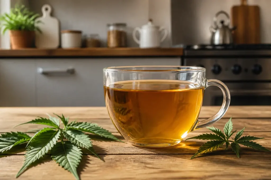 Tasse de tisane avec feuilles de chanvre pour une sérénité sur Slow Infusion