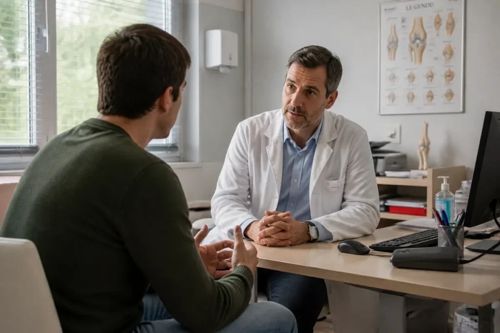 Médecin et patient discutant dans un bureau lors d'une consultation sur the-french-surgeons.com
